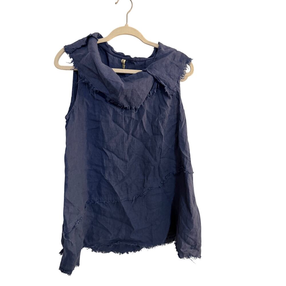 Camille & Co Sz S Oversized Blue 100% Pre-shrunk Linen Lagenlook Raw Seam Tunic - Picture 2 of 8
